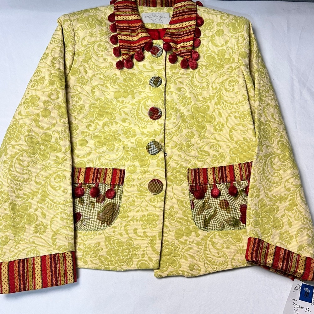 Taylor G. Floral Artisan Tapestry Whimsical Jacket Pockets Pom Poms Unique Sz M